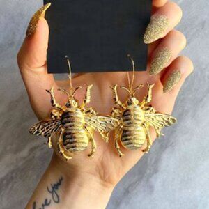 Gold Tone Large Bee Drop Earrings Jewelry Flying Insect Wings